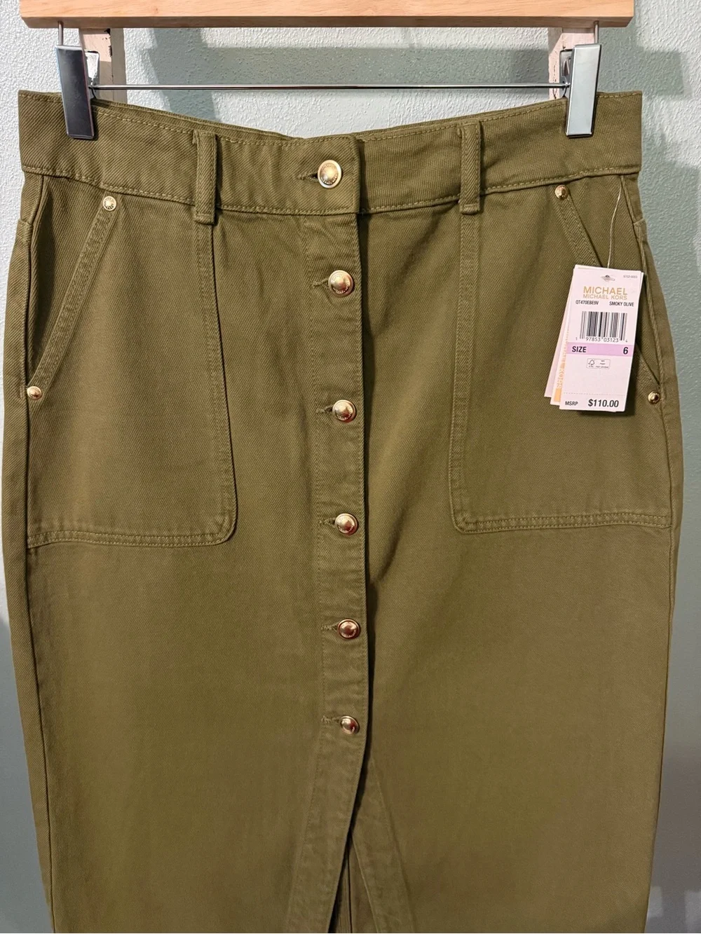 NWT Michael Kors Olive Green Button Front Denim Utility Skirt Pockets Size 6